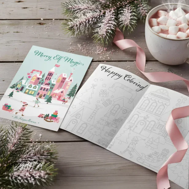 North Pole Elf Workshop Santa Claus Fun Coloring Tri-Fold Holiday Card