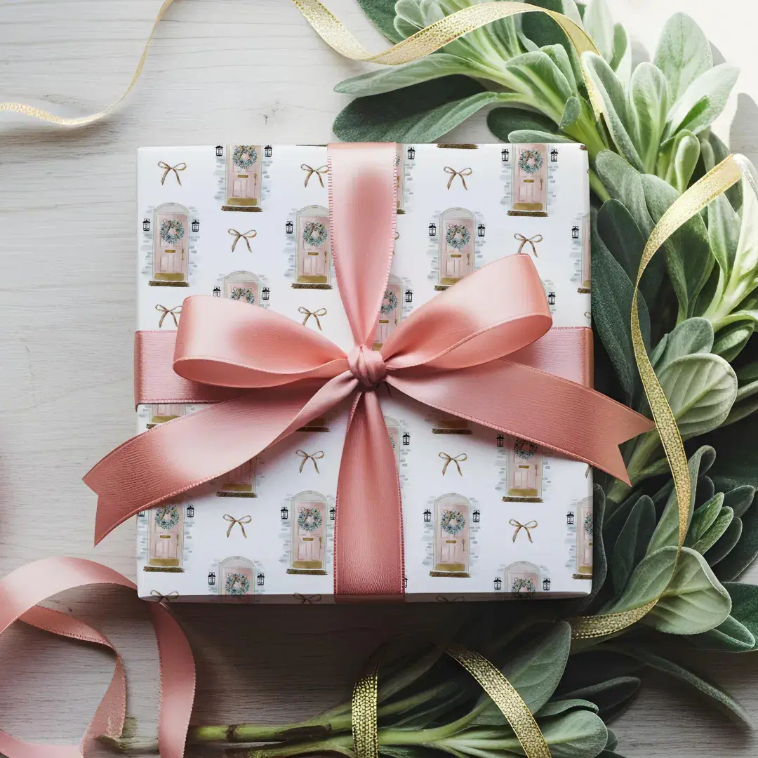 Pink Watercolor Front Door Wreath Bow Holiday Wrapping Paper