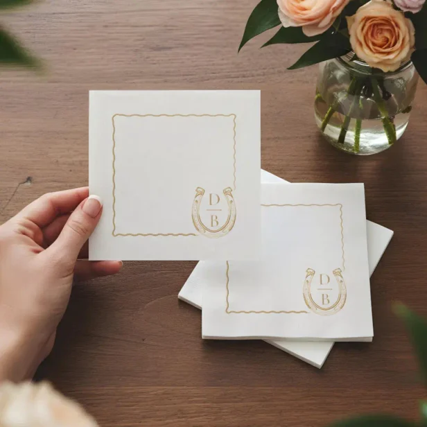 Rustic Frame Western Horseshoe Monogram Wedding Foil Napkins