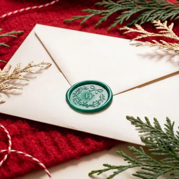 Rustic Hand Drawn Bow Christmas Wreath Monogram Wax Seal Sticker