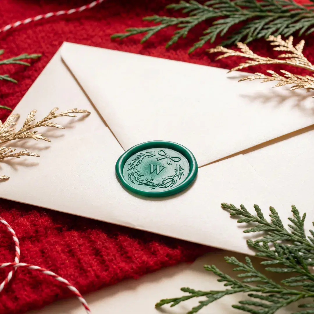 Rustic Hand Drawn Bow Christmas Wreath Monogram Wax Seal Sticker