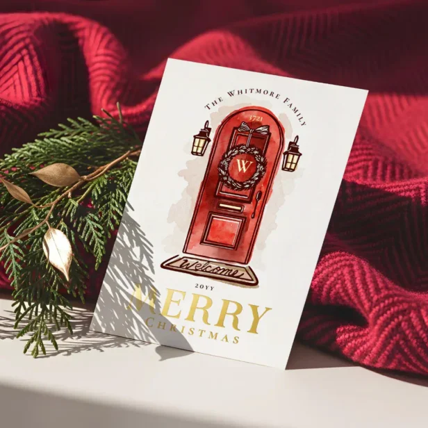 Watercolor Hand Drawn Red Door Christmas Wreath Foil Holiday Card