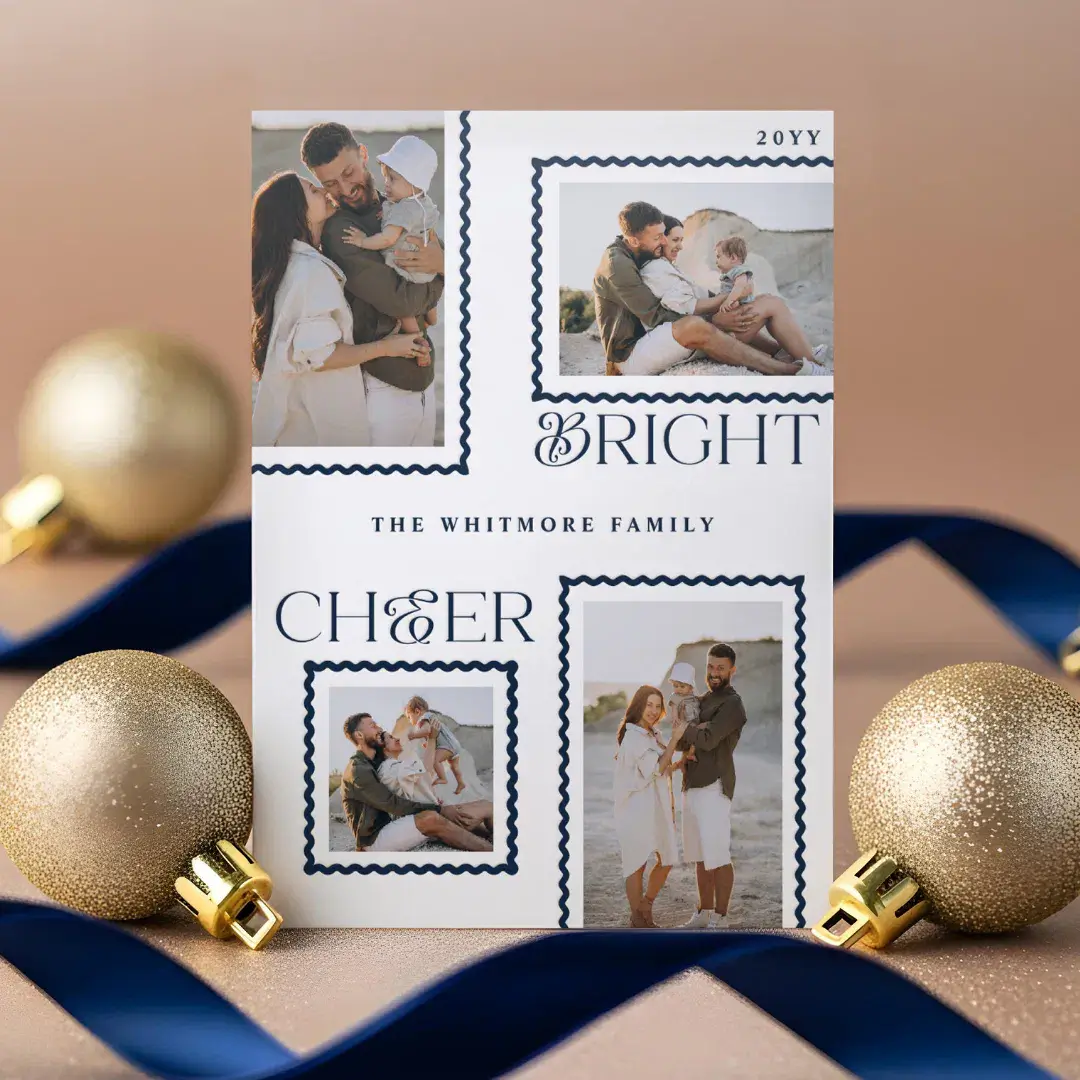 Bright Cheer Minimal Wavy Photo Collage Christmas Letterpress Photo Cards