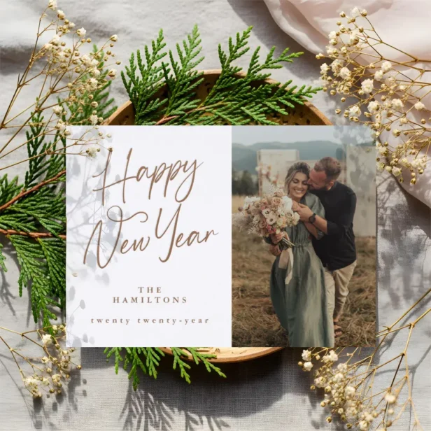 Chic Elegant Happy New Year Script Newlyweds Photo Letterpress Photo Cards
