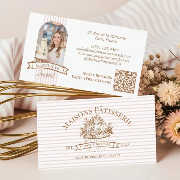 Chic Stripe Floral Cupcake Bakery Cake Designer Business Card