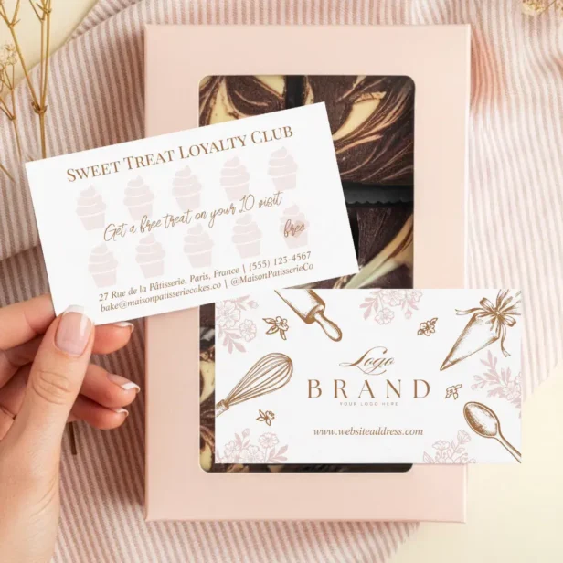 Reward your customers in style with this Pink Cupcake Pastry Chef Baking Utensils Bakery Loyalty Card, a modern French-inspired design perfect for cupcake shops, bakeries, pastry chefs, and boutique dessert businesses. The card features an elegant blush pink background with our hand-drawn baking utensils: spoon, whisk, piping bag, and rolling pin, along with our hand-drawn floral cupcake illustration. Can be personalized with your logo, company name, loyalty program name, and special offer. 10 cupcake icons allow customers to track purchases, with the final cupcake icon featuring a heart to mark their free treat reward. Perfect for boutique bakeries, patisseries, cupcake shops, and café owners, this fully customizable loyalty card helps create repeat customers while adding a professional, charming touch to your brand. Design by © Moodthology Papery