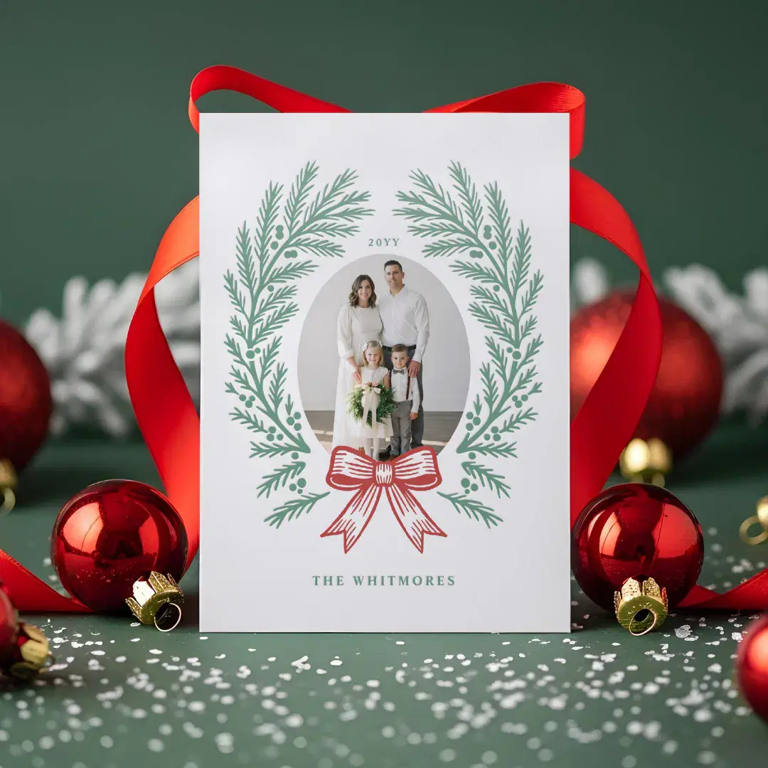 Elegant Cedar Greenery Wreath Red Bow Christmas Letterpress Photo Cards