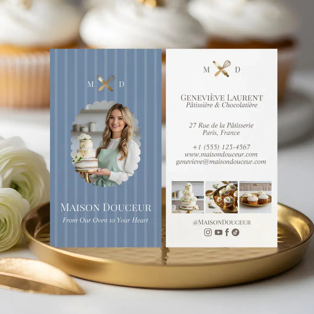 Elegant Chic Bakery Stripes & Gold Whisk Photo Blue Business Card