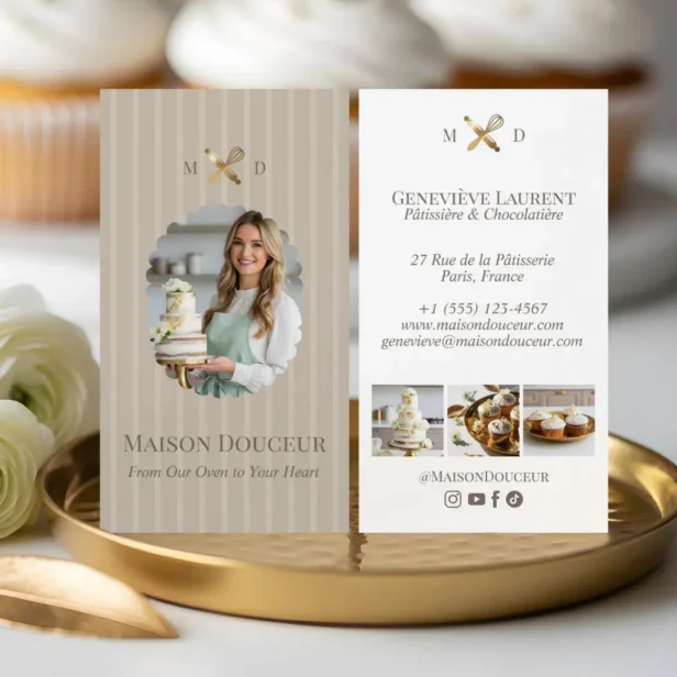 Elegant Chic Bakery Stripes & Gold Whisk Photo Beige Business Card