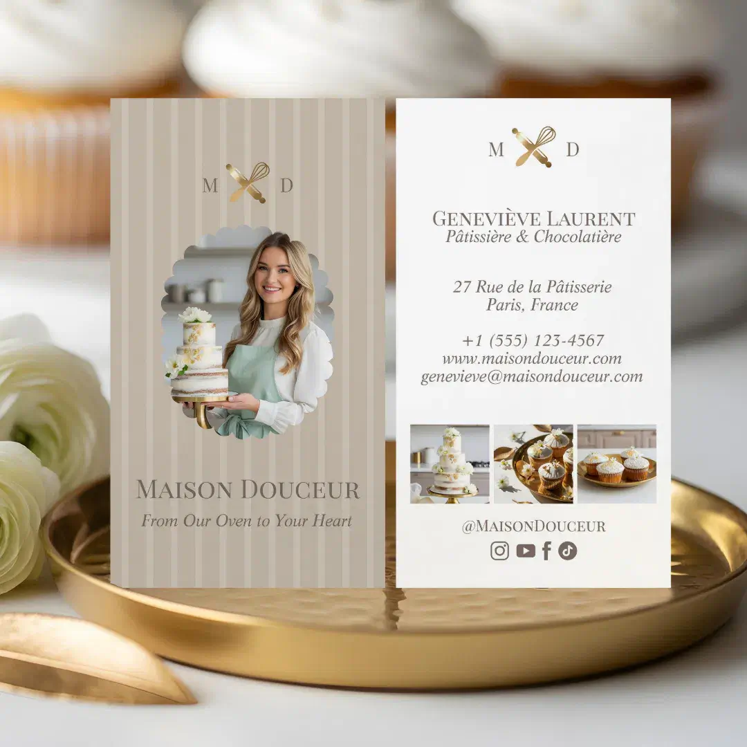 Elegant Chic Bakery Stripes & Gold Whisk Photo Beige Business Card