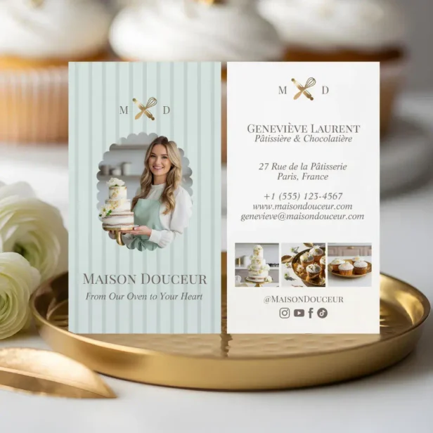 Elegant Chic Bakery Stripes & Gold Whisk Photo Mint Green Business Card