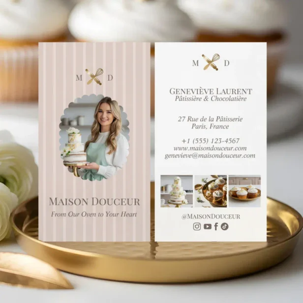 Elegant Chic Bakery Stripes & Gold Whisk Photo Blush Pink Business Card