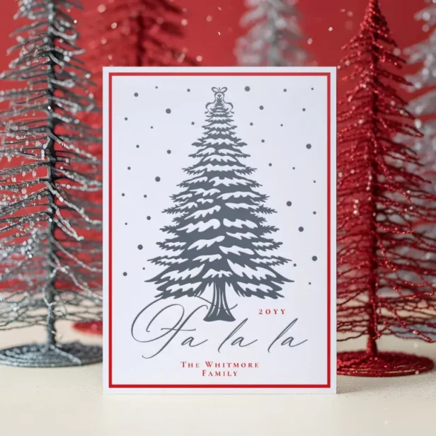 Elegant Fa La La Merry Christmas Pine Tree Bow Letterpress Photo Cards