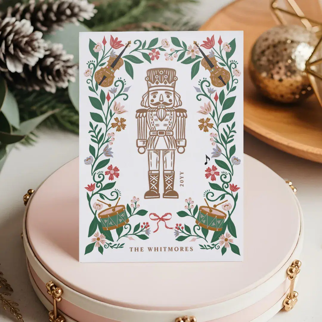 Elegant Floral Christmas Nutcracker Ballet Musical Letterpress Photo Cards