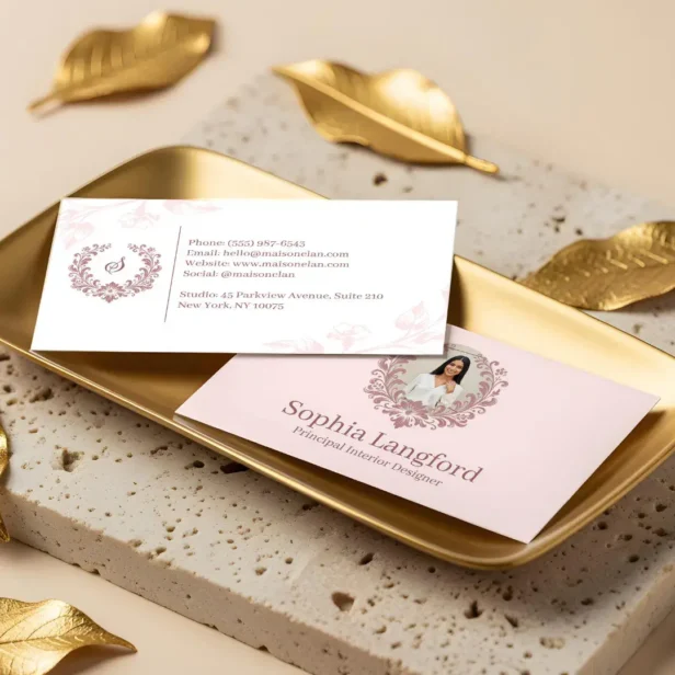 Elegant Floral Wreath Luxury Sophisticated Photo Blush Pink Business Card