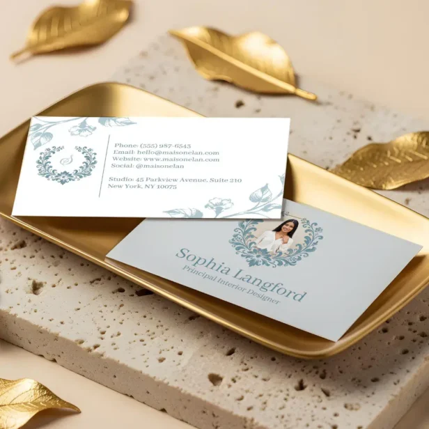 Elegant Floral Wreath Luxury Sophisticated Photo Blue Business Card