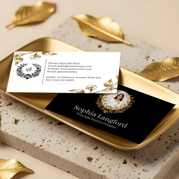 Elegant Floral Wreath Luxury Sophisticated Photo Black Business Card