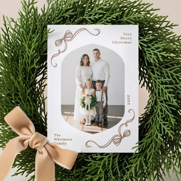 Elegant Hand Drawn Bow & Ribbon Photo Christmas Letterpress Photo Cards
