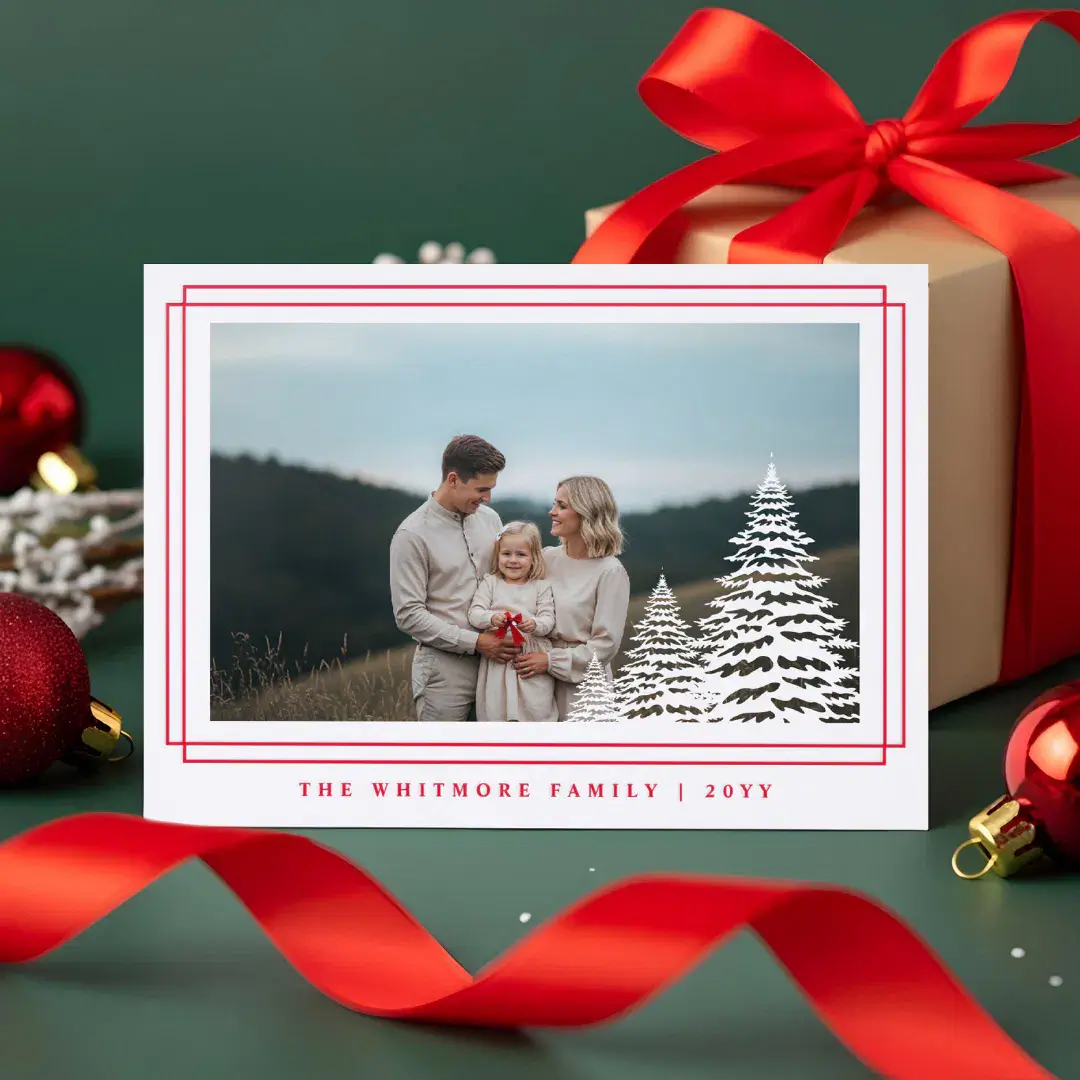 Elegant Hand-Drawn Pine Tree Photo Frame Christmas Letterpress Photo Cards