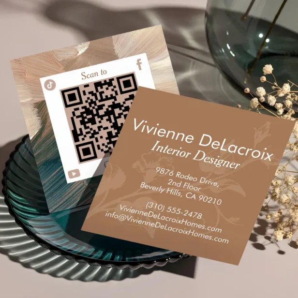 Elegant Lux Watercolor QR Code Interior Designer Square Business Card