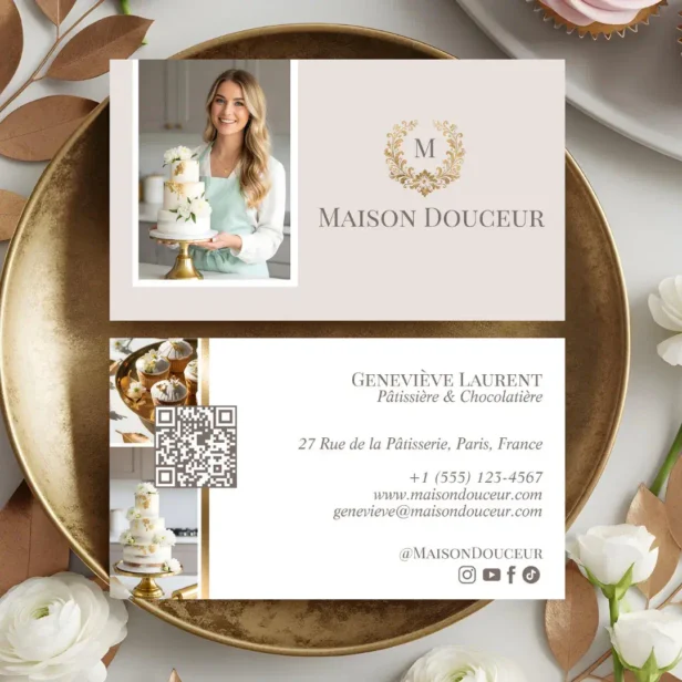 Elegant Luxury Home Baker Floral Crest Monogram Cream Blush Business Card