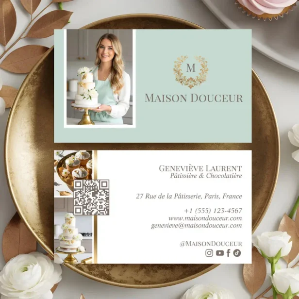 Elegant Luxury Home Baker Floral Crest Monogram Mint Green Business Card