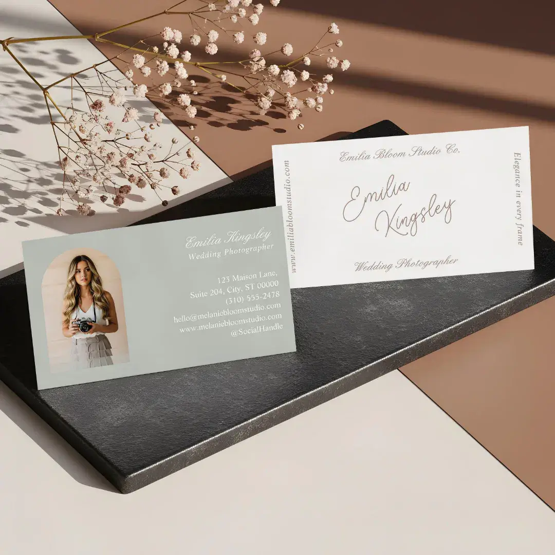 Elegant Minimal Arch Photo Wedding Photographer Grey Green Business Card