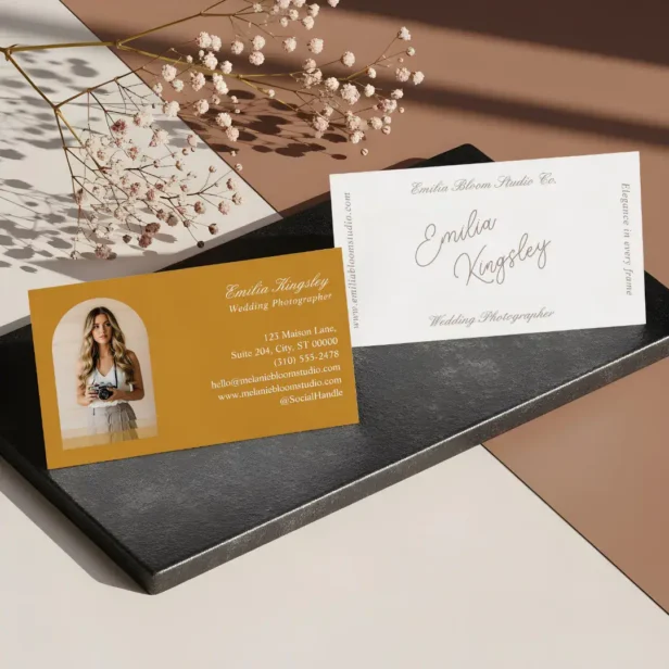 Elegant Minimal Arch Photo Wedding Photographer Yellow Business Card