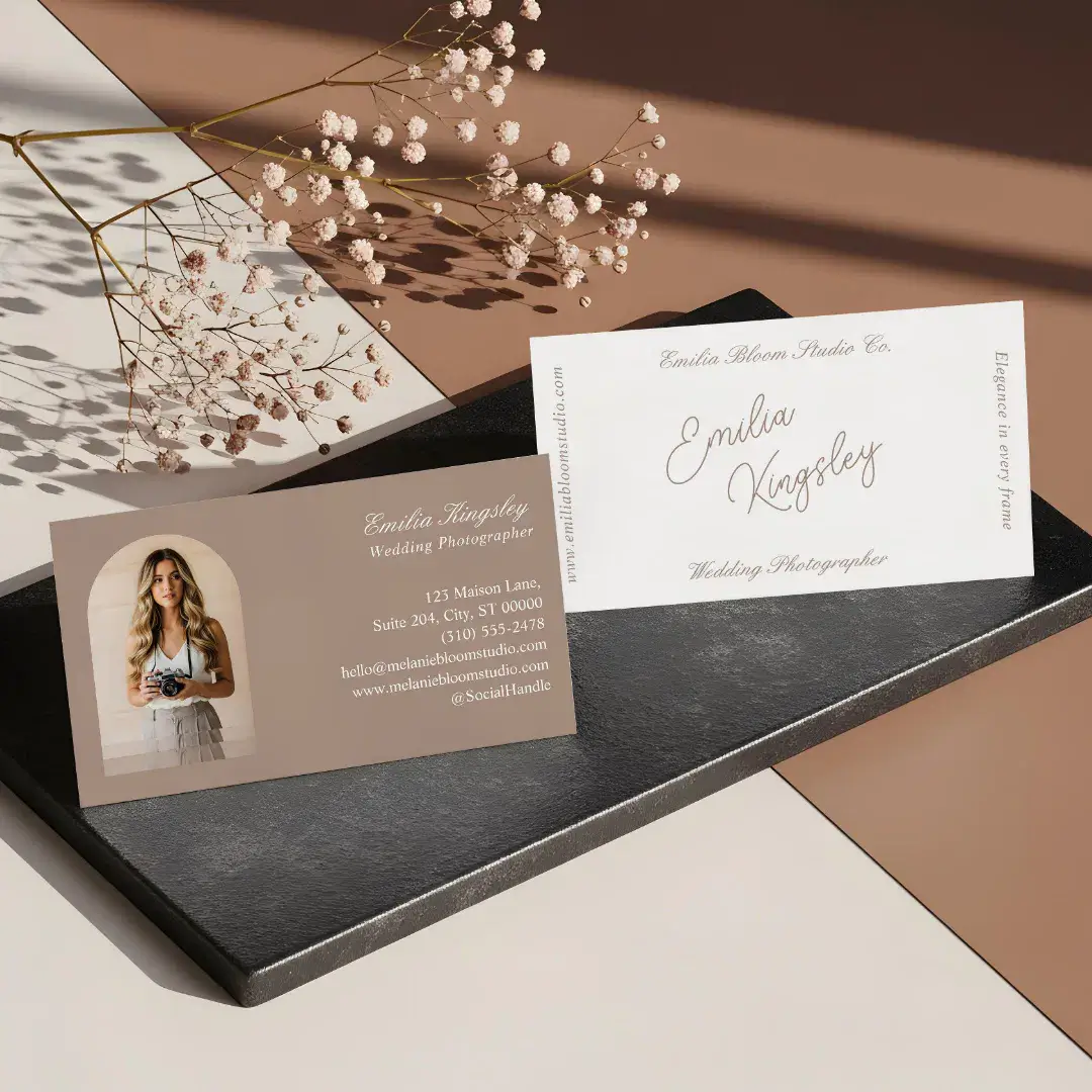 Elegant Minimal Arch Photo Wedding Photographer Beige Business Card