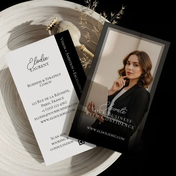 Elegant Minimal Consulting Coach Photo QR Code Black Business Card