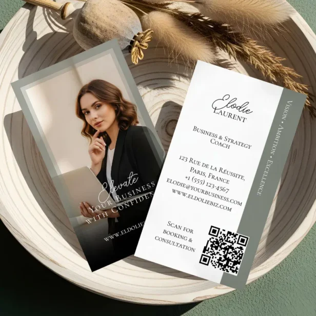Elegant Minimal Consulting Coach Photo QR Code Grey Green Business Card