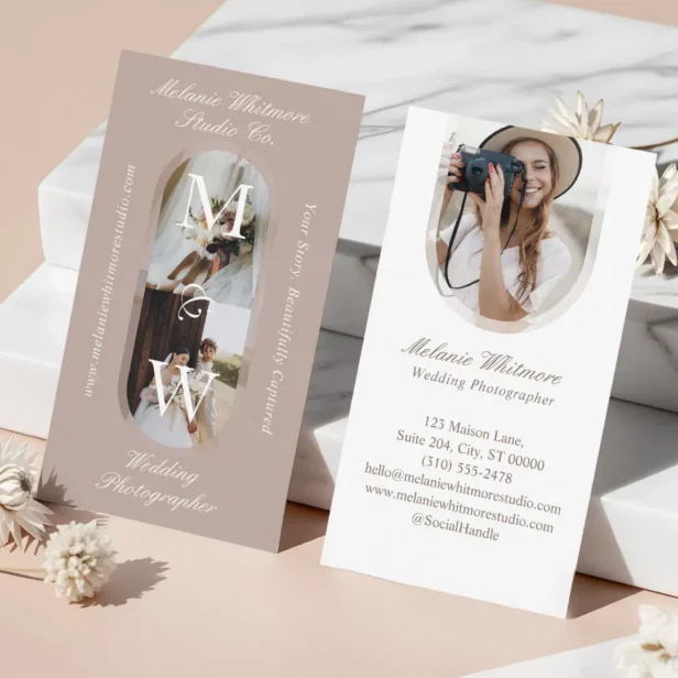Elegant Monogram Wedding Photographer Arch Photos Blush Business Card
