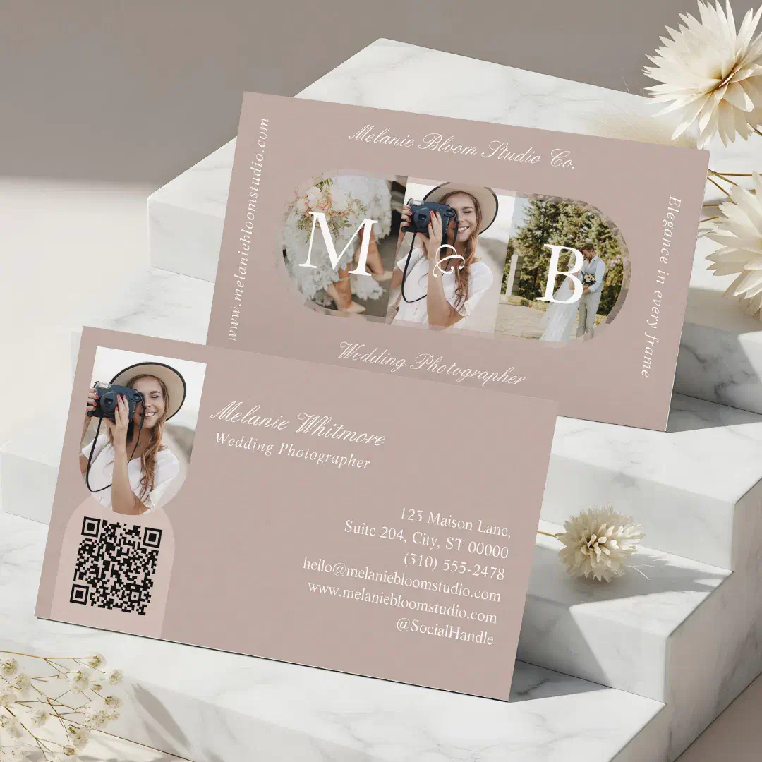 Elegant Monogram Wedding Photographer Arch Photos Pink Blush Business Card