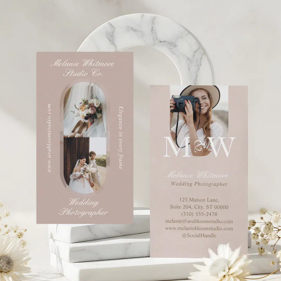 Elegant Monogram Wedding Photographer Arch Photos Blush Pink Business Card