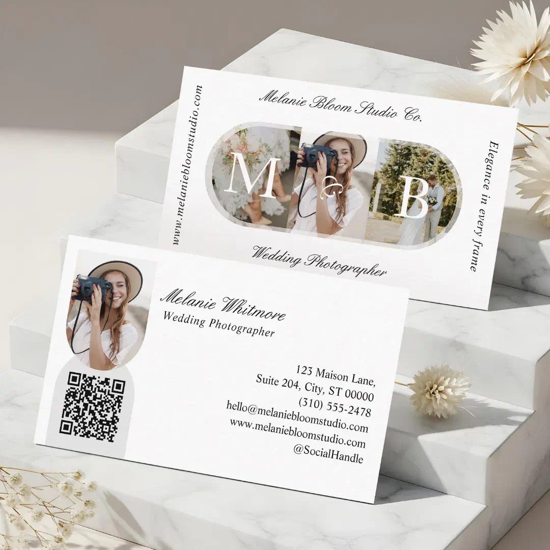 Elegant Monogram Wedding Photographer Arch Photos White Business Card