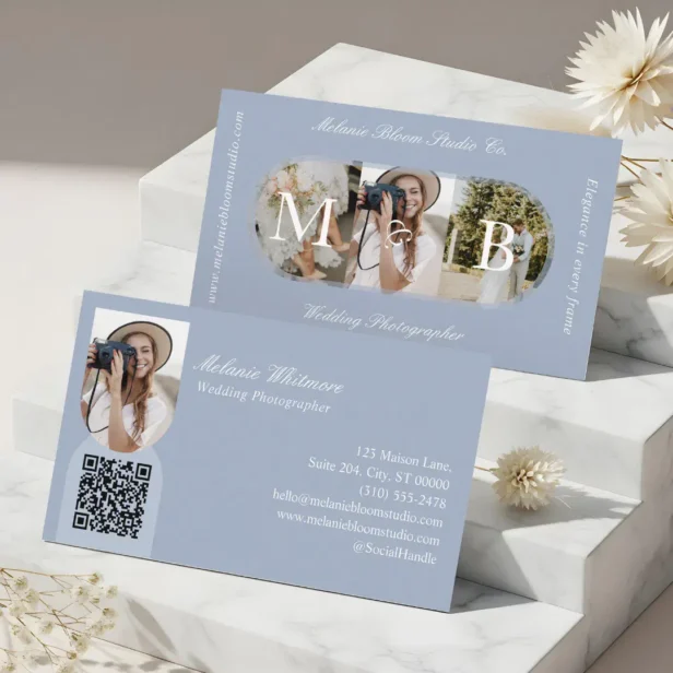 Elegant Monogram Wedding Photographer Arch Photos Pale Blue Business Card