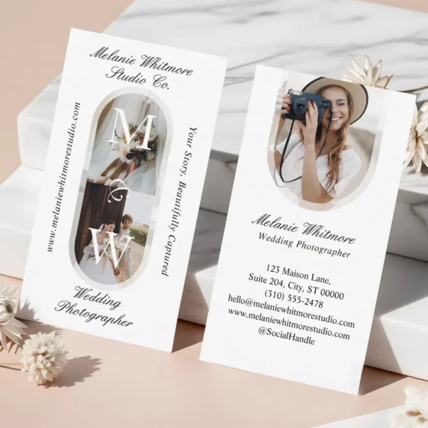 Elegant Monogram Wedding Photographer Arch Photos White Business Card