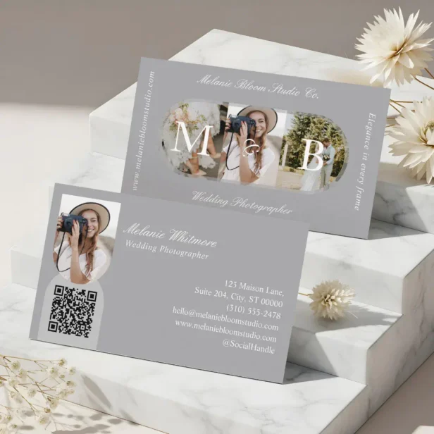 Elegant Monogram Wedding Photographer Arch Photos Pale Grey Business Card