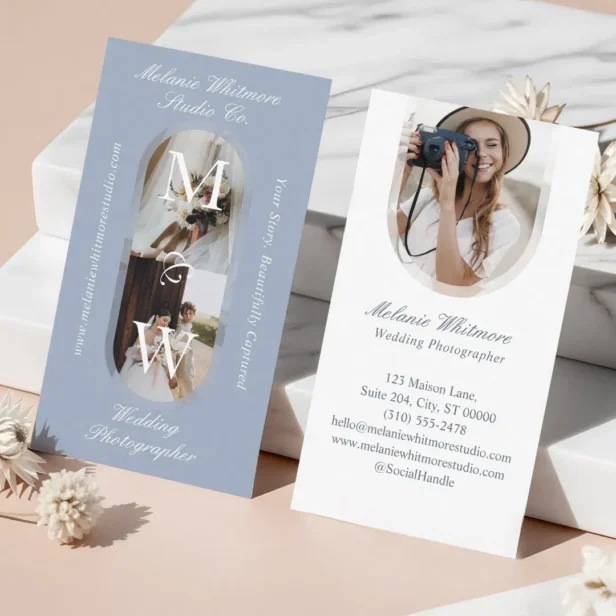 Elegant Monogram Wedding Photographer Arch Photos Blue Business Card