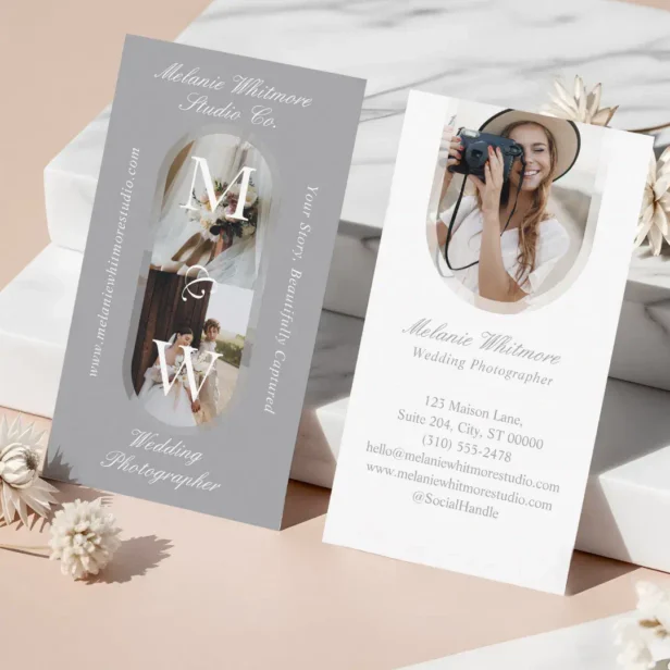 Elegant Monogram Wedding Photographer Arch Photos Grey Business Card