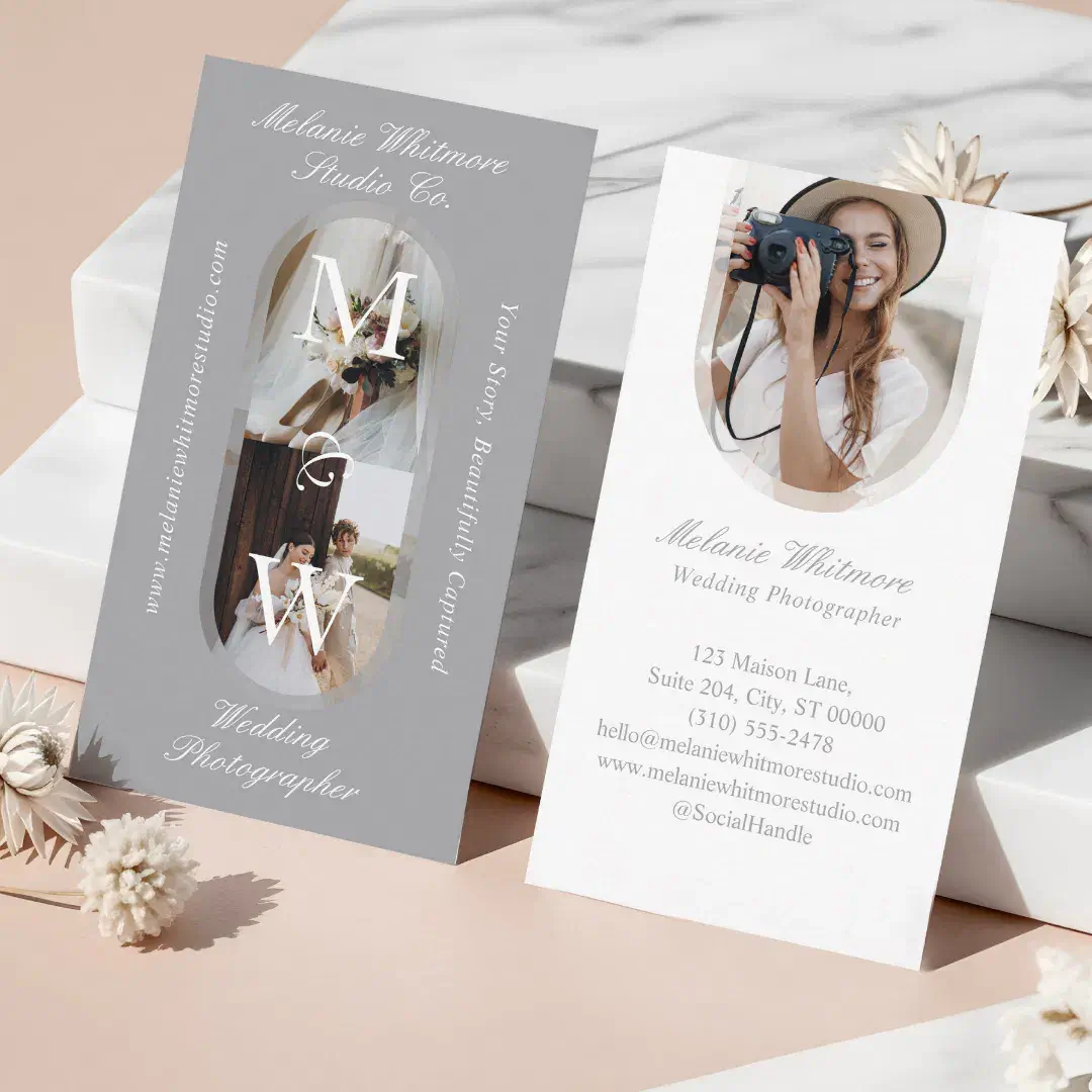 Elegant Monogram Wedding Photographer Arch Photos Grey Business Card
