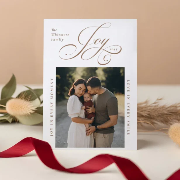 Elegant Script Joy in Every Moment Photo Christmas Letterpress Photo Cards