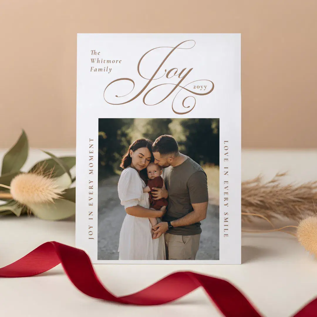 Elegant Script Joy in Every Moment Photo Christmas Letterpress Photo Cards
