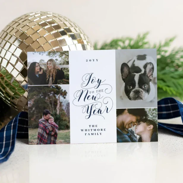 Elegant Script Joy to the New Year Four Photo Letterpress Photo Cards