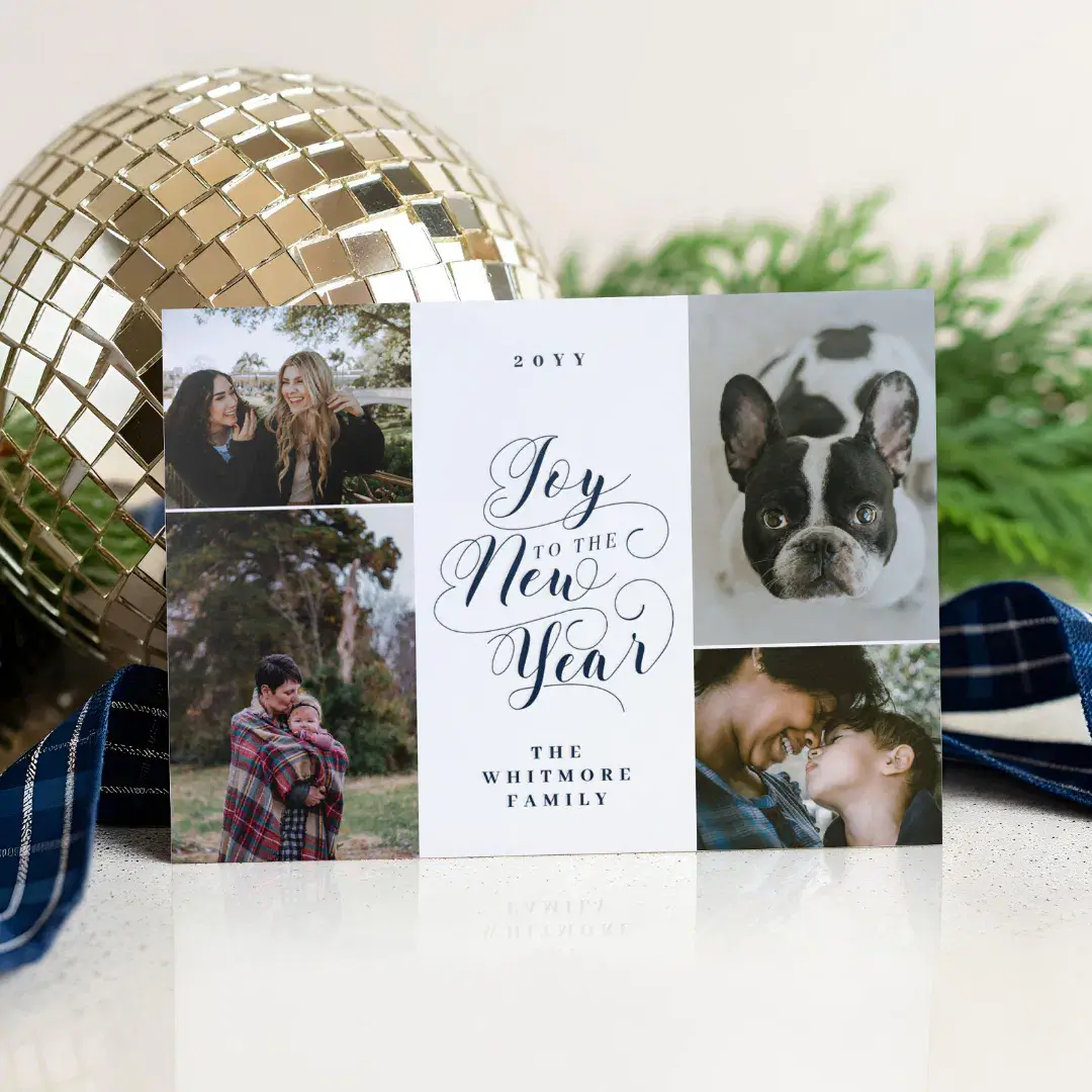 Elegant Script Joy to the New Year Four Photo Letterpress Photo Cards
