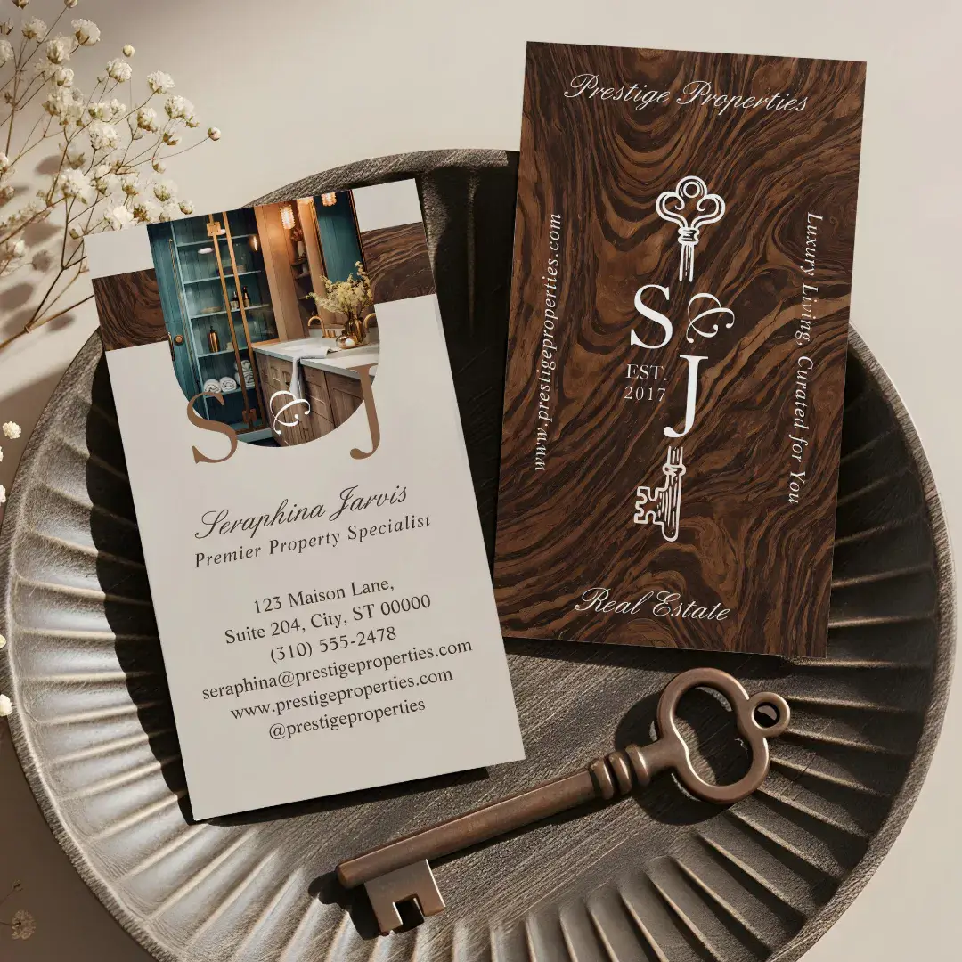 Elegant Woodgrain Key Monogram Stylish Arch Photo Business Card