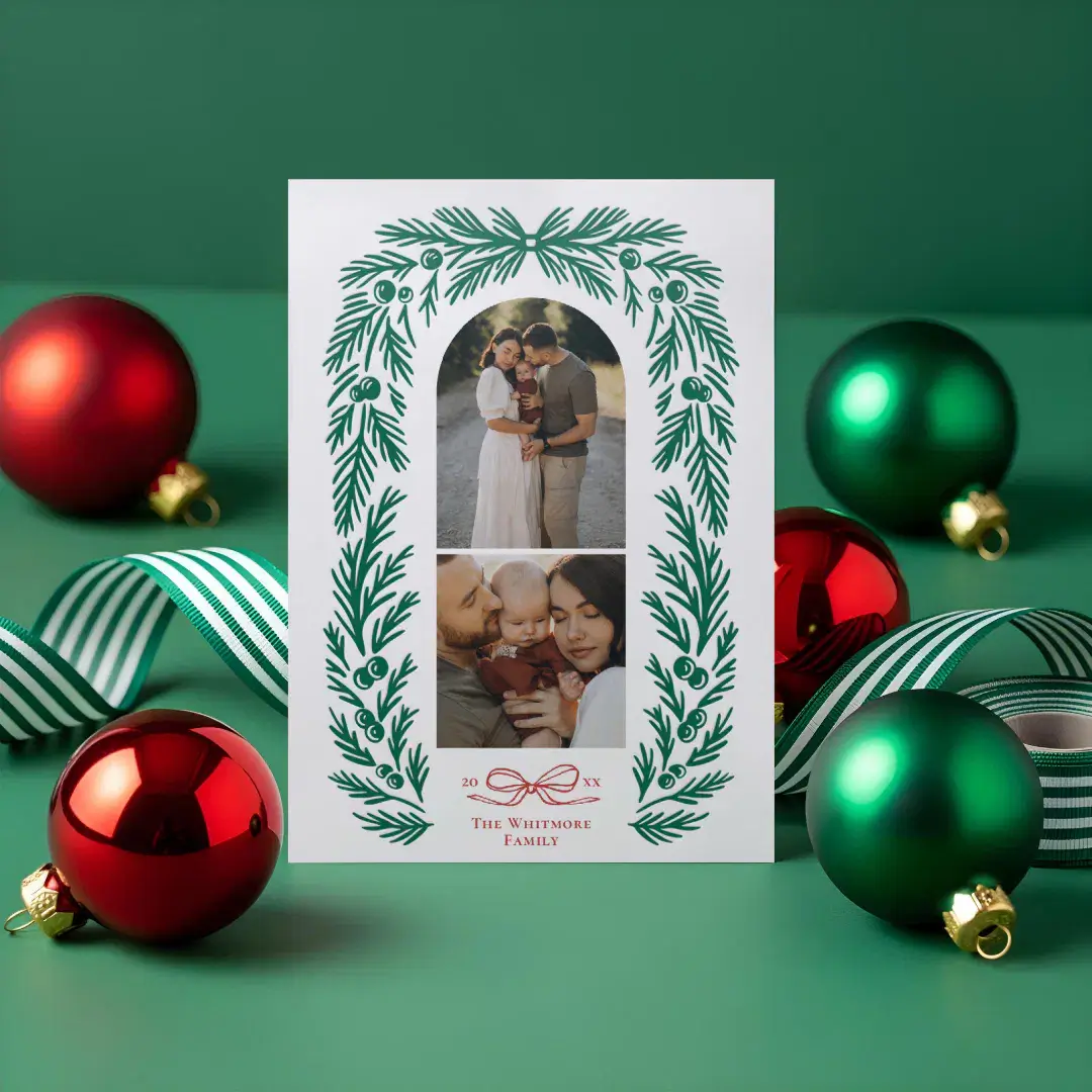 Festive Bow Christmas Pine Wreath Frame Arch Photo Letterpress Photo Cards