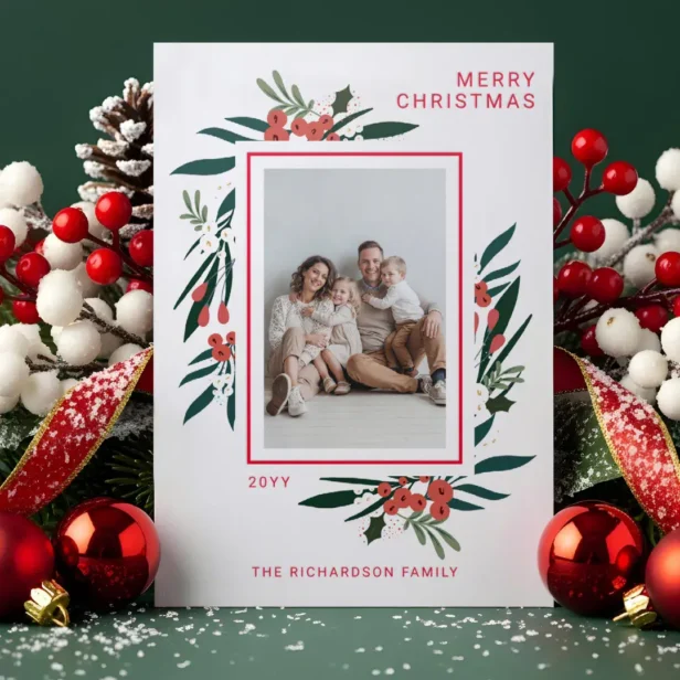 Festive Winter Botanical Foliage & Berries Photo Letterpress Photo Cards