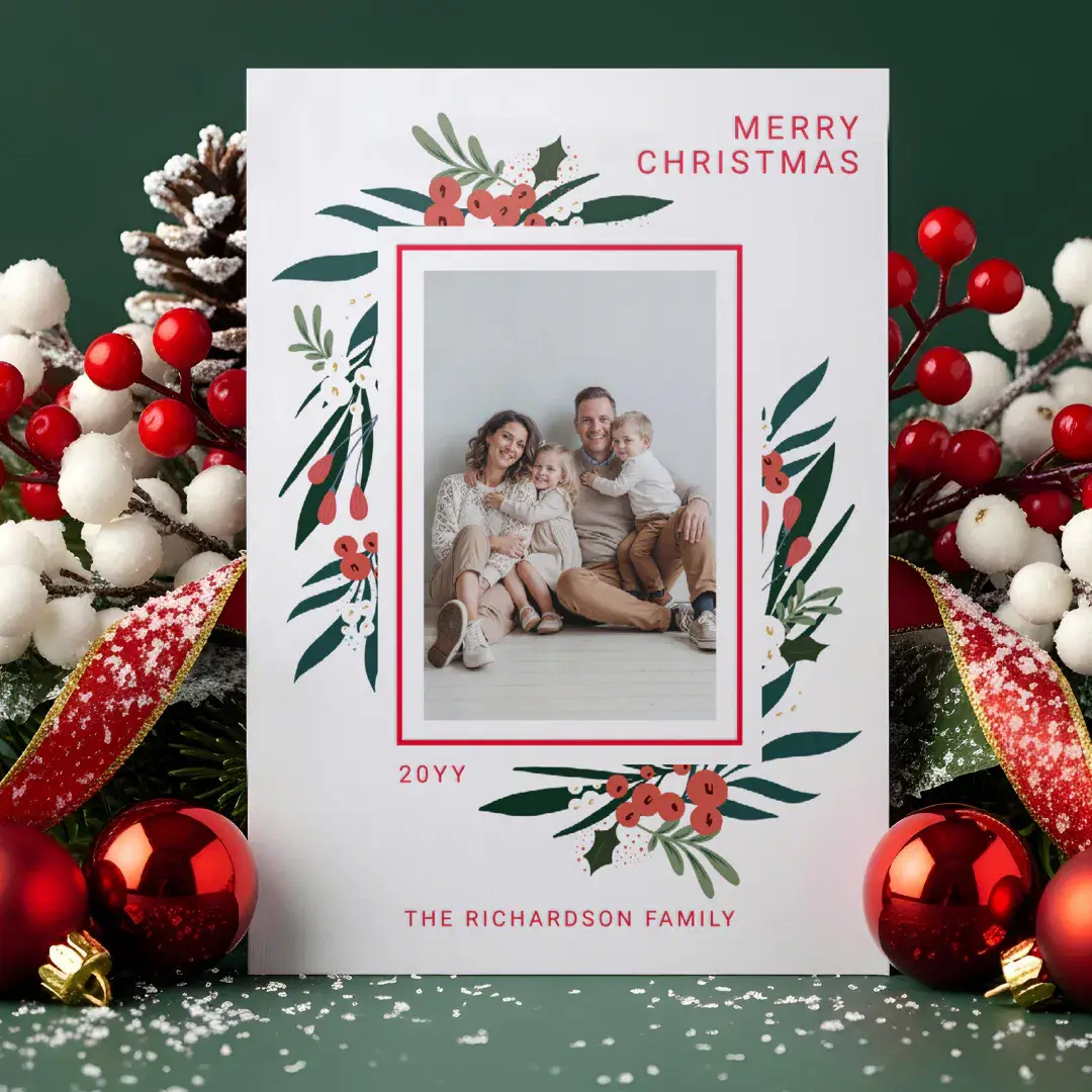 Festive Winter Botanical Foliage & Berries Photo Letterpress Photo Cards