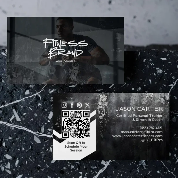 Modern Trendy Sporty Fitness Personal Trainer Grunge Black Concrete Texture Business Card